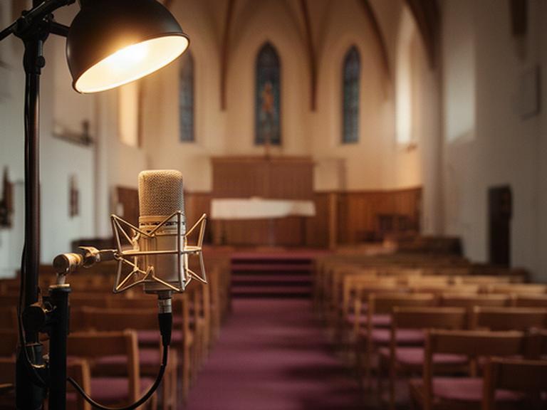 Podcastcover van Stem van de Gemeente met kerkzaal en warme studiolamp