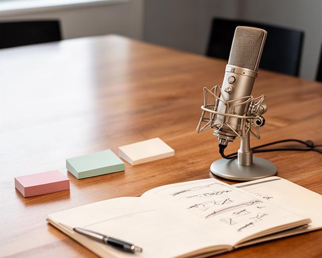 Strategische podcastsessie met notities en een microfoon op een houten vergadertafel in Putten
